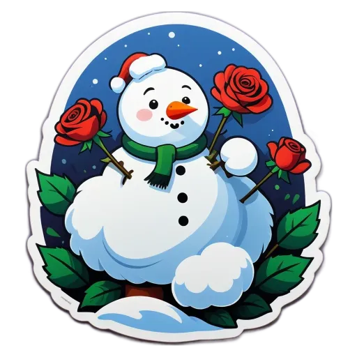 A snowman wearing a scarf and holding roses is in front of a black background.