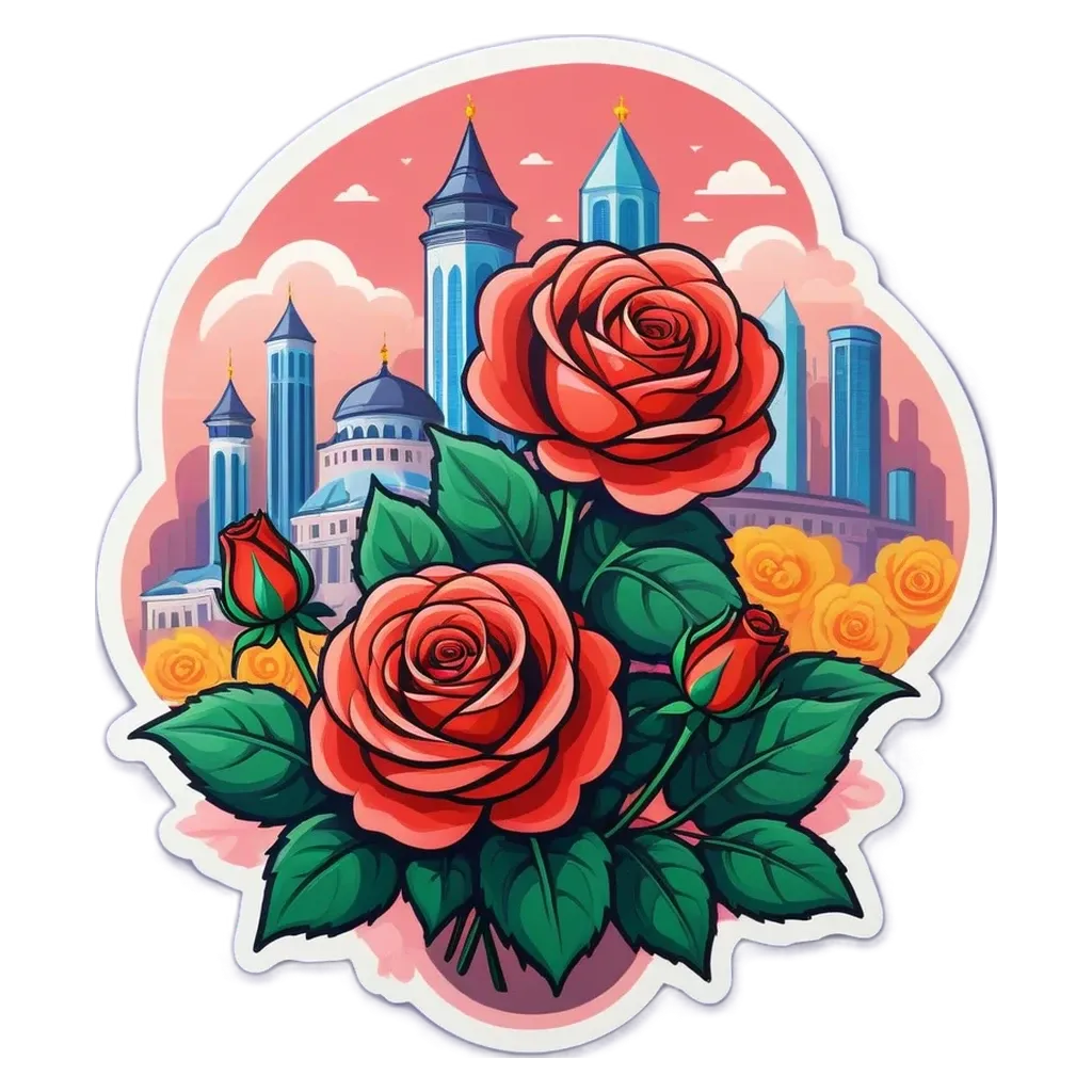 A rose with a cityscape in the background.
