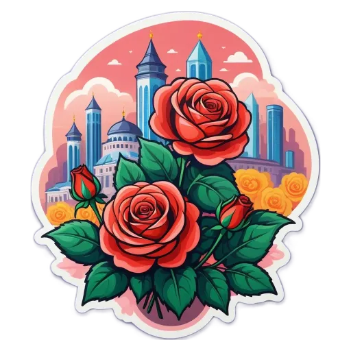 A rose with a cityscape in the background.