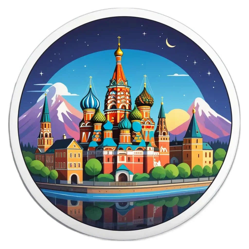 A cathedral with a river and mountains in the background.