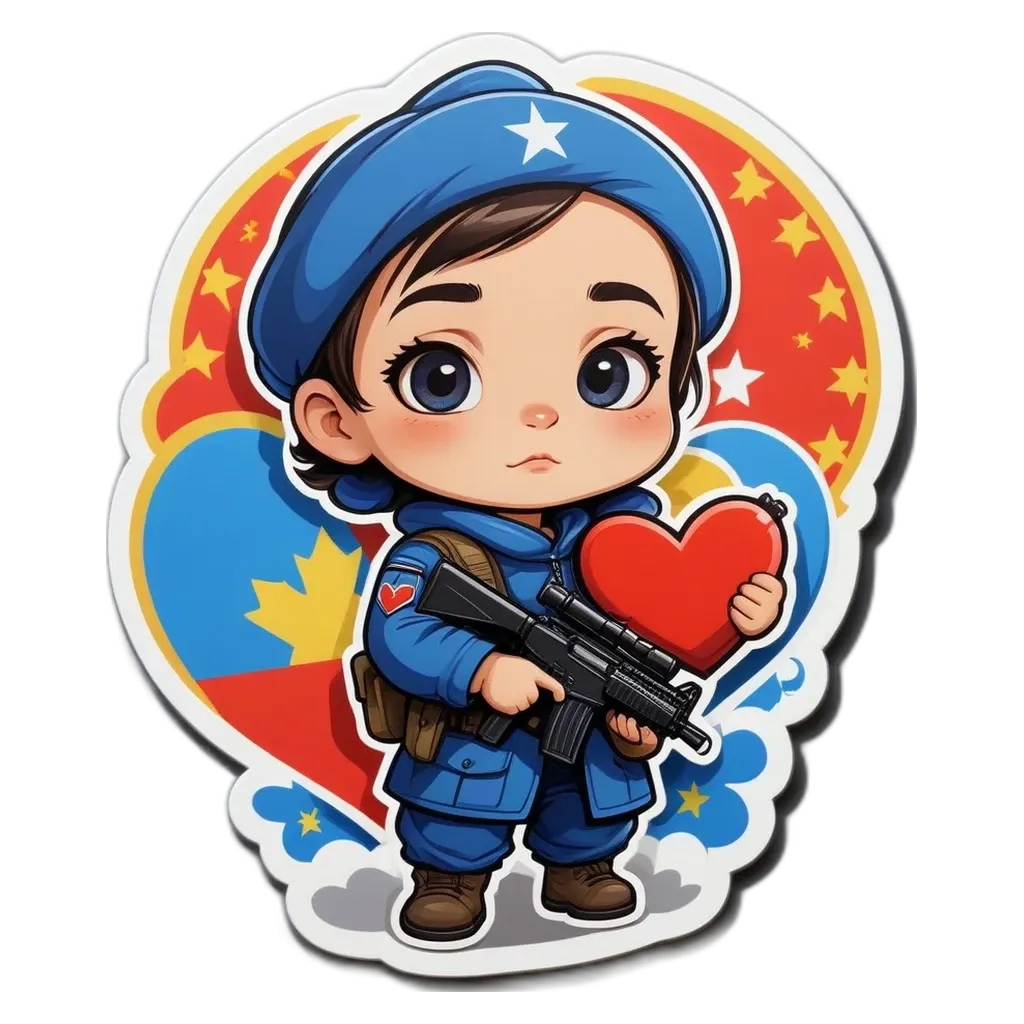 A cartoon drawing of a child with a gun holding a heart.