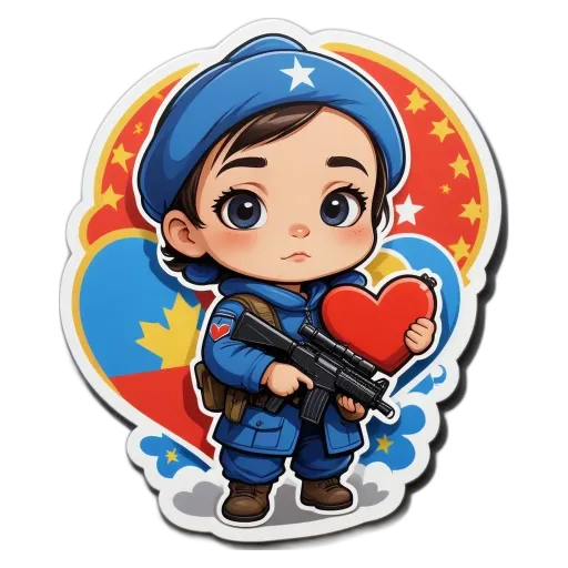 A cartoon drawing of a child with a gun holding a heart.