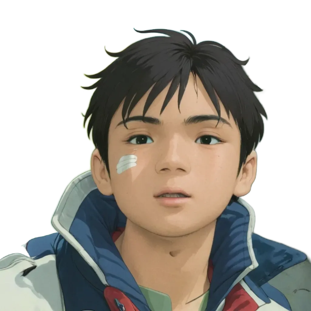 A boy with a bandaid on his chin is wearing a blue and red jacket.