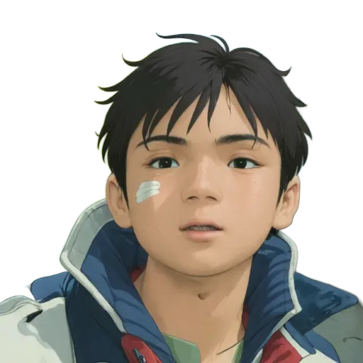 A boy with a bandaid on his chin is wearing a blue and red jacket.