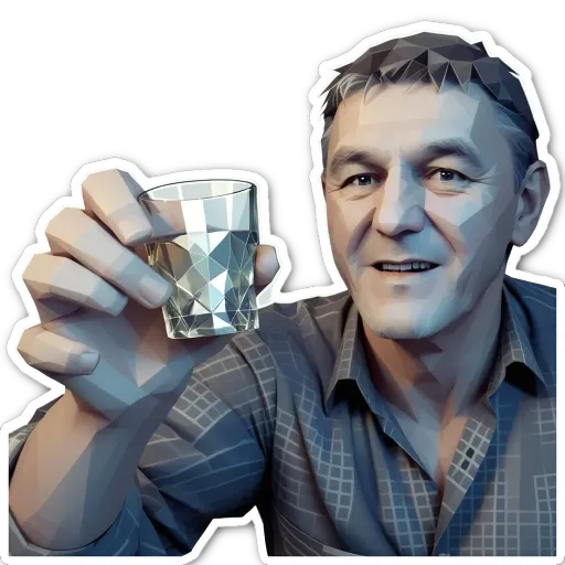 A man holding a glass up with a sticker of him doing this.