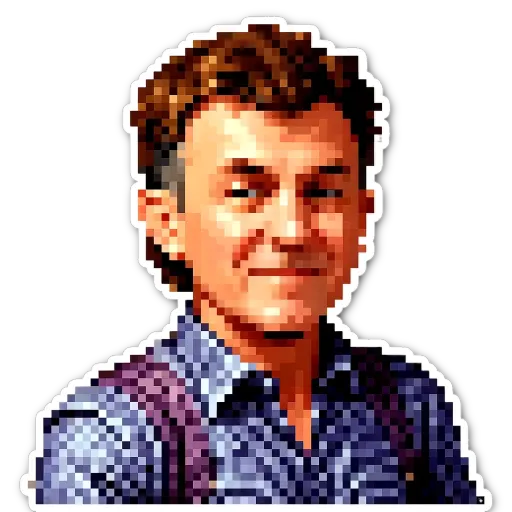 A man's face is depicted in a picture using only small squares of color.
