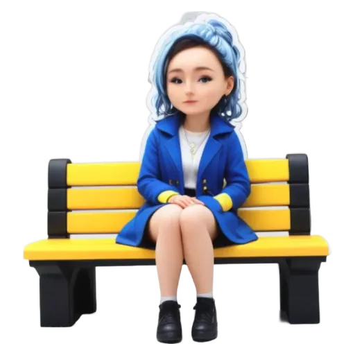 A girl is sitting on a bench with a yellow and black color bench behind her.