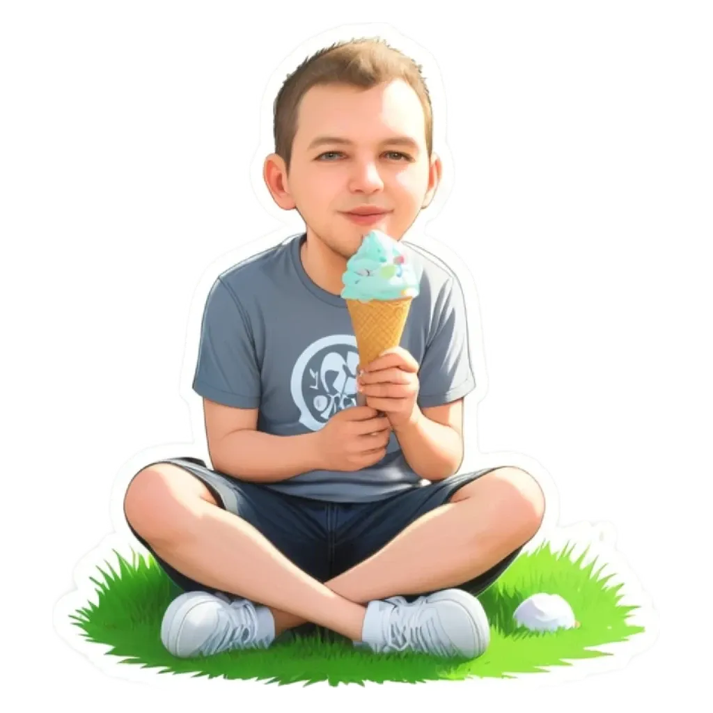 A boy is sitting in the grass and eating an ice cream cone.