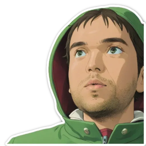 A green hooded man with a red zipper on his jacket.
