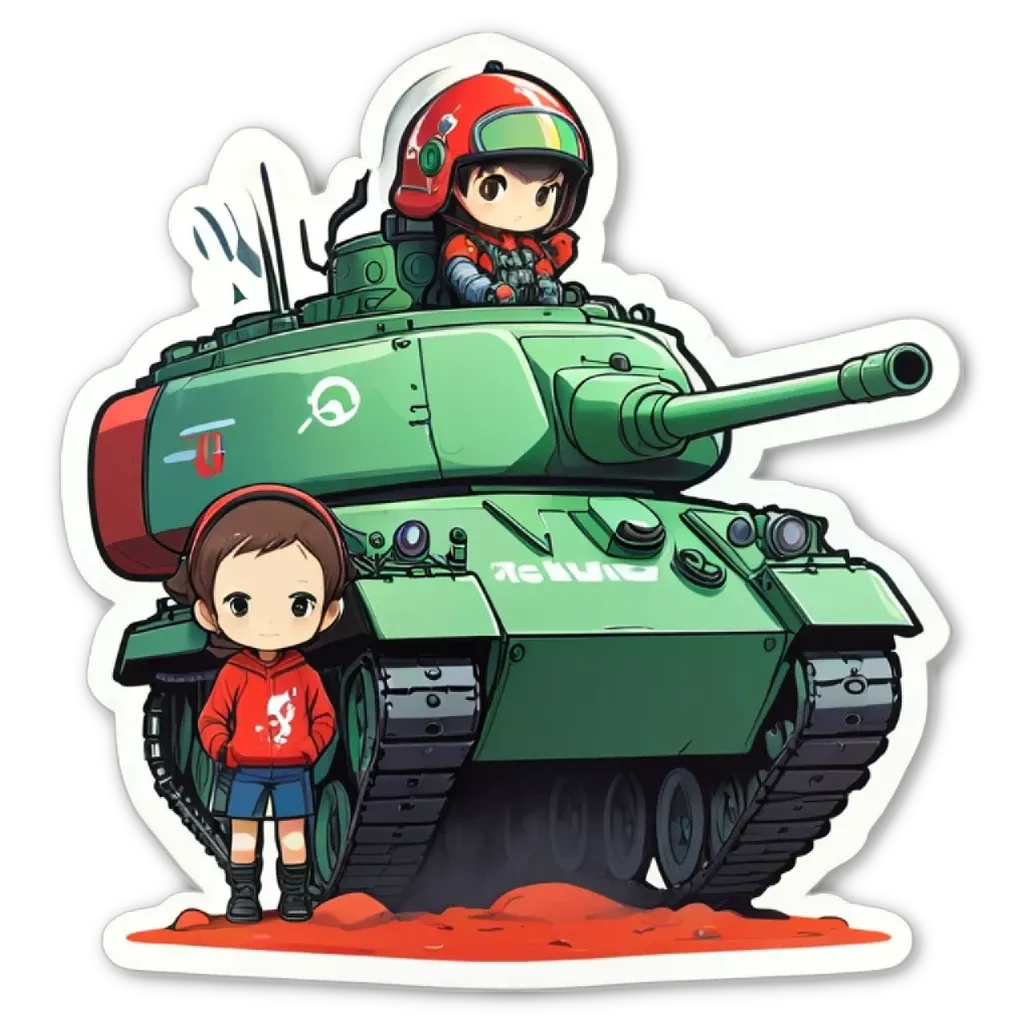 A child and a tank in a cartoon style sticker.