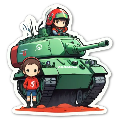 A child and a tank in a cartoon style sticker.