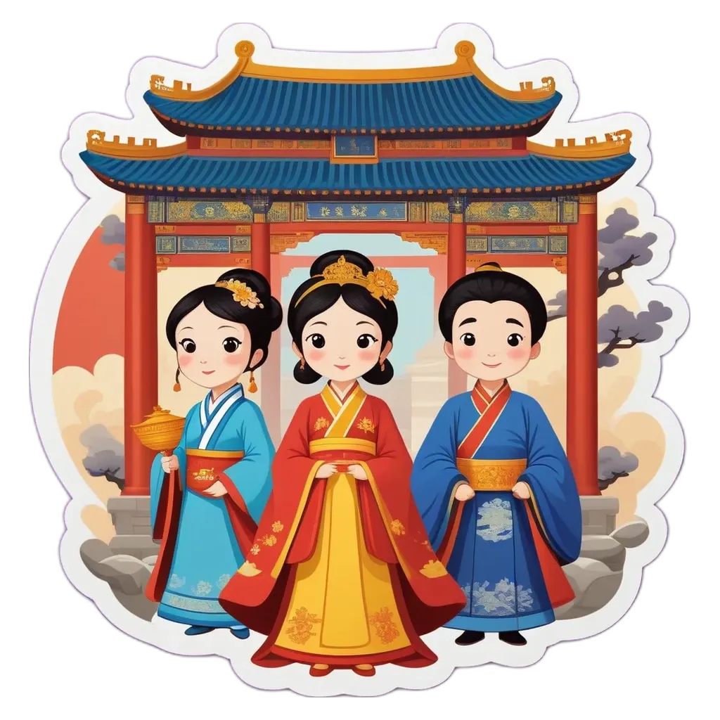 Three girls wearing traditional asian clothing are standing in front of a blue and gold pagoda.