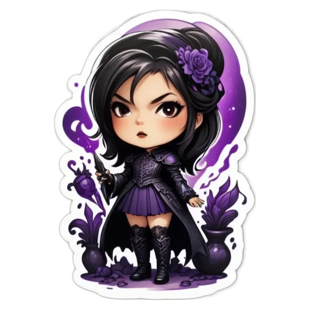 A girl with a dark purple dress and a dark purple hair style is on a black background.
