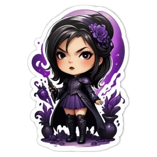 A girl with a dark purple dress and a dark purple hair style is on a black background.