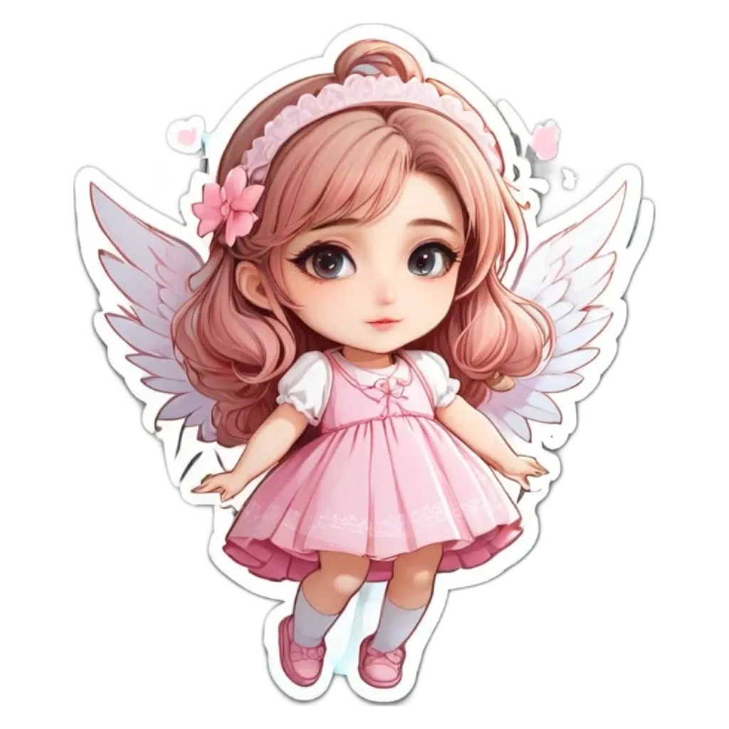 A girl with angel wings and a pink dress.