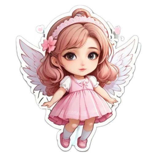 A girl with angel wings and a pink dress.