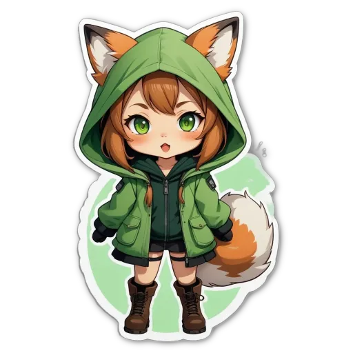 A green fox with a girl in a hoodie standing next to it.