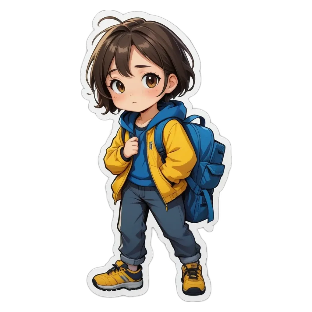A girl wearing a yellow jacket and blue jeans with a backpack on her.