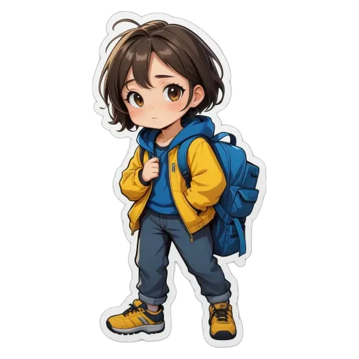 A girl wearing a yellow jacket and blue jeans with a backpack on her.