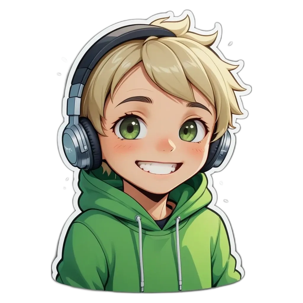 A boy with headphones on his head and a smile on his face.