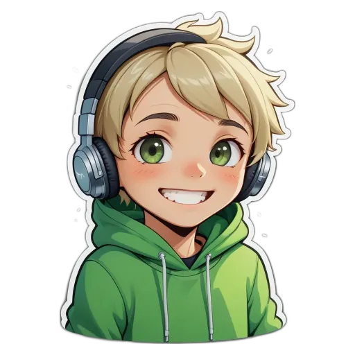 A boy with headphones on his head and a smile on his face.