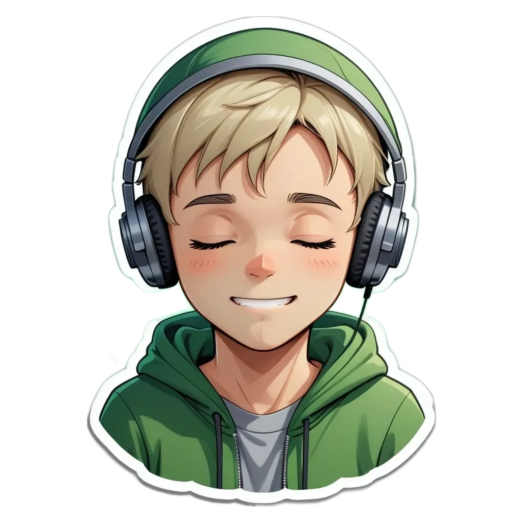 A boy wearing headphones that are on and smiling.