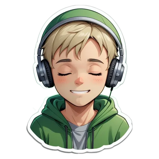 A boy wearing headphones that are on and smiling.