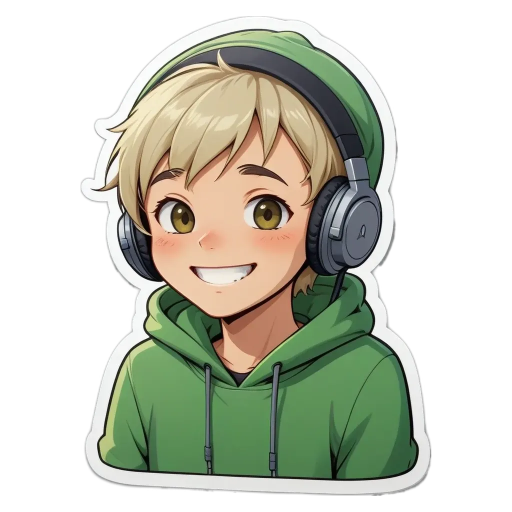 A boy wearing headphones and a green hoodie.