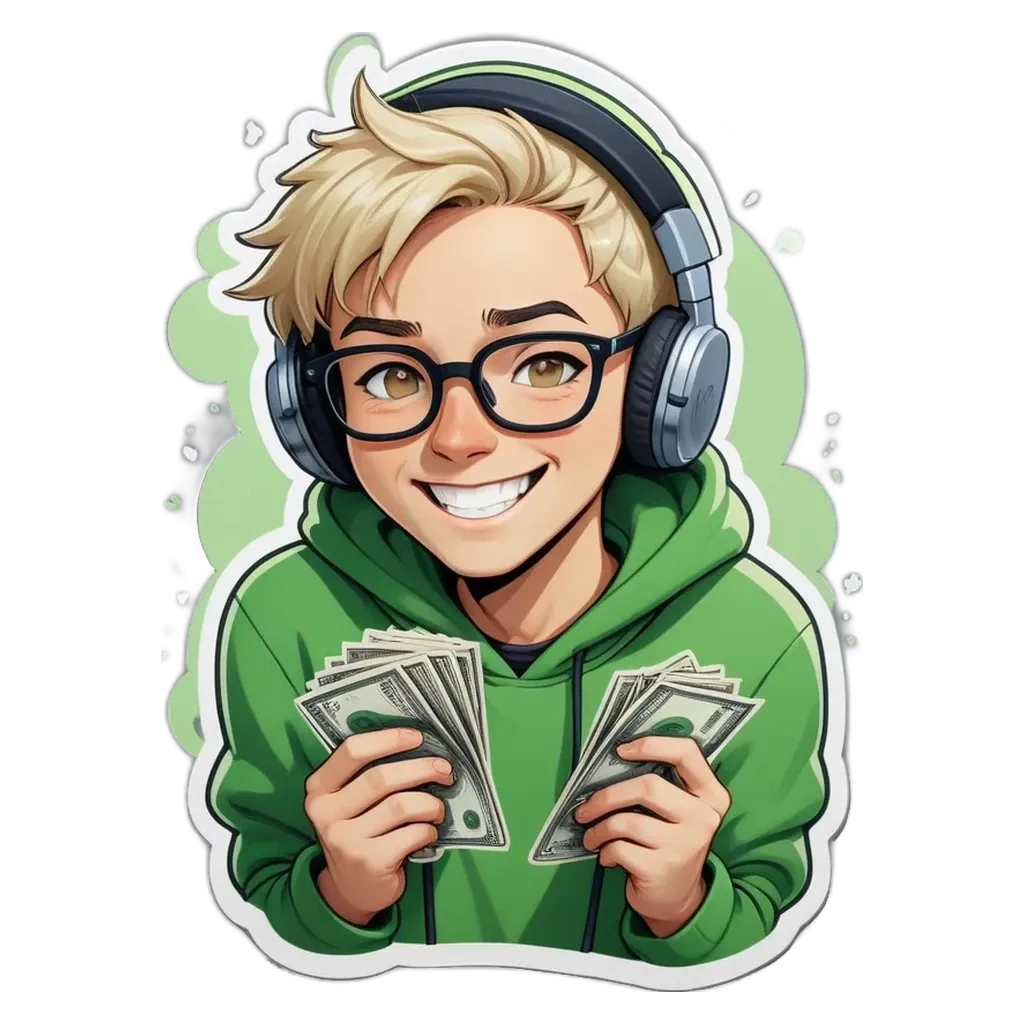 A boy wearing glasses and a green sweatshirt holding lots of money.