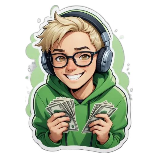 A boy wearing glasses and a green sweatshirt holding lots of money.