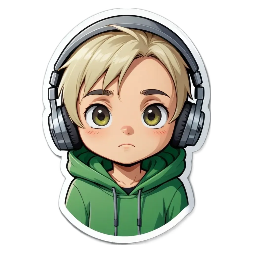 A boy wearing headphones and a green hoodie.