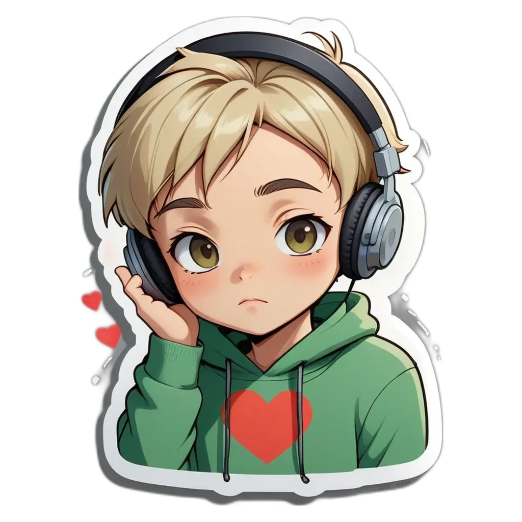 A boy with headphones on his head and a heart on his sweater.