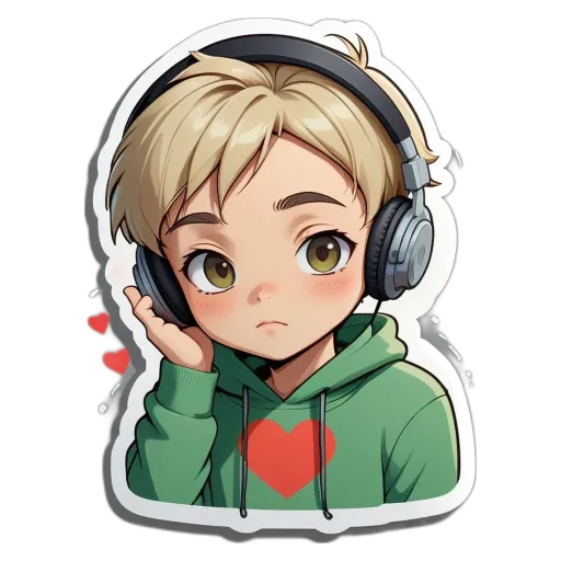 A boy with headphones on his head and a heart on his sweater.