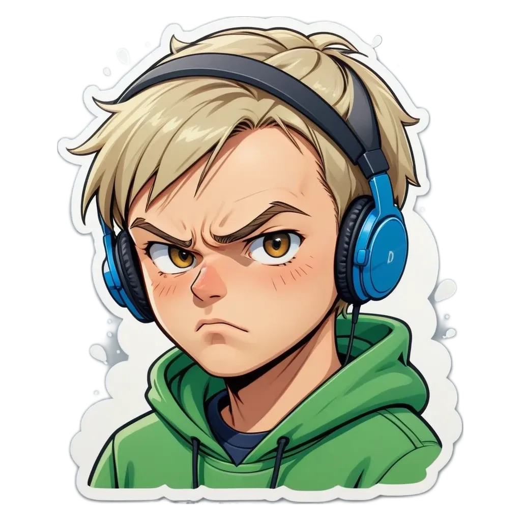 A boy with headphones on his head and a frown on his face.