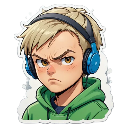 A boy with headphones on his head and a frown on his face.