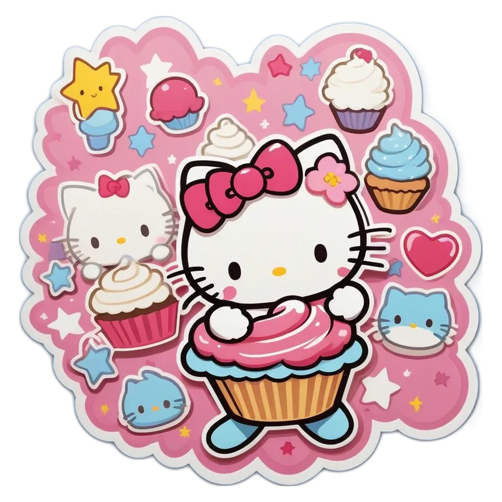 A Hello Kitty picture of cupcakes is surrounded by stars and hearts.