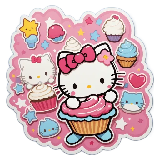 A Hello Kitty picture of cupcakes is surrounded by stars and hearts.
