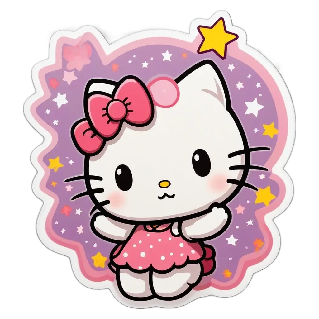 A Hello Kitty plushie is wearing a pink dress and standing in the stars.