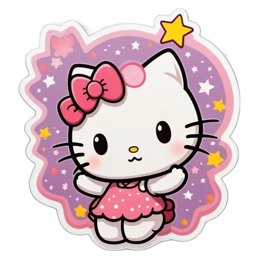A Hello Kitty plushie is wearing a pink dress and standing in the stars.