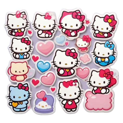 Hello kitty stickers in various colors are arranged on a purple background.