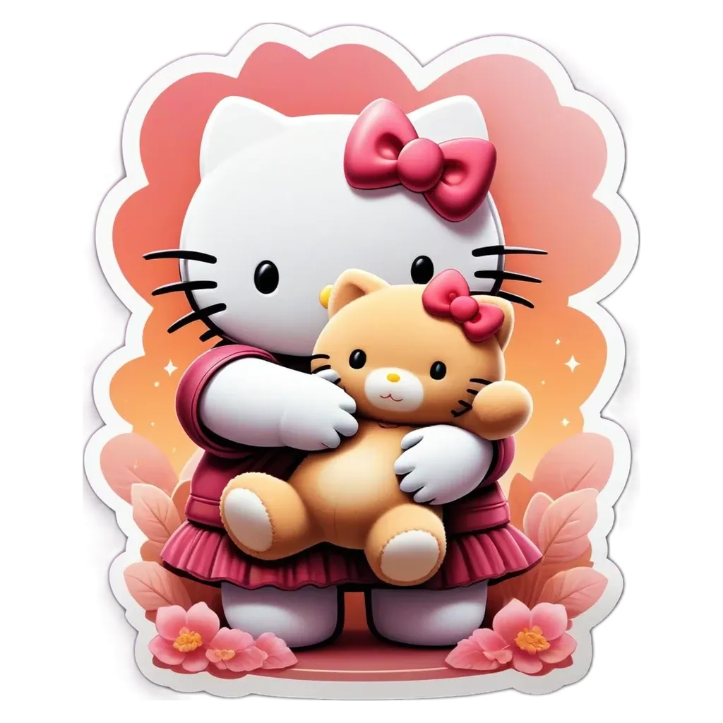 Hello kitty stuffed animal being held by a Hello kitty cat.