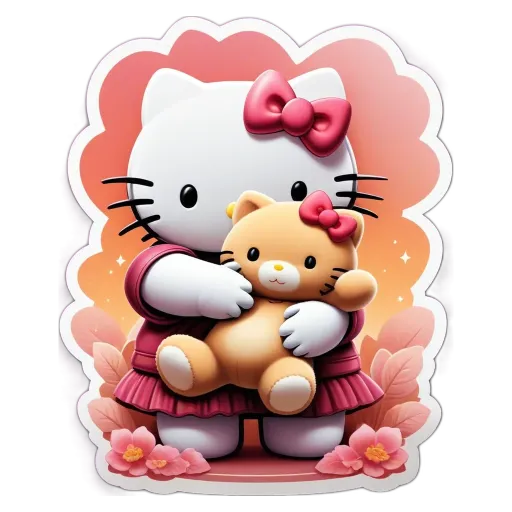 Hello kitty stuffed animal being held by a Hello kitty cat.