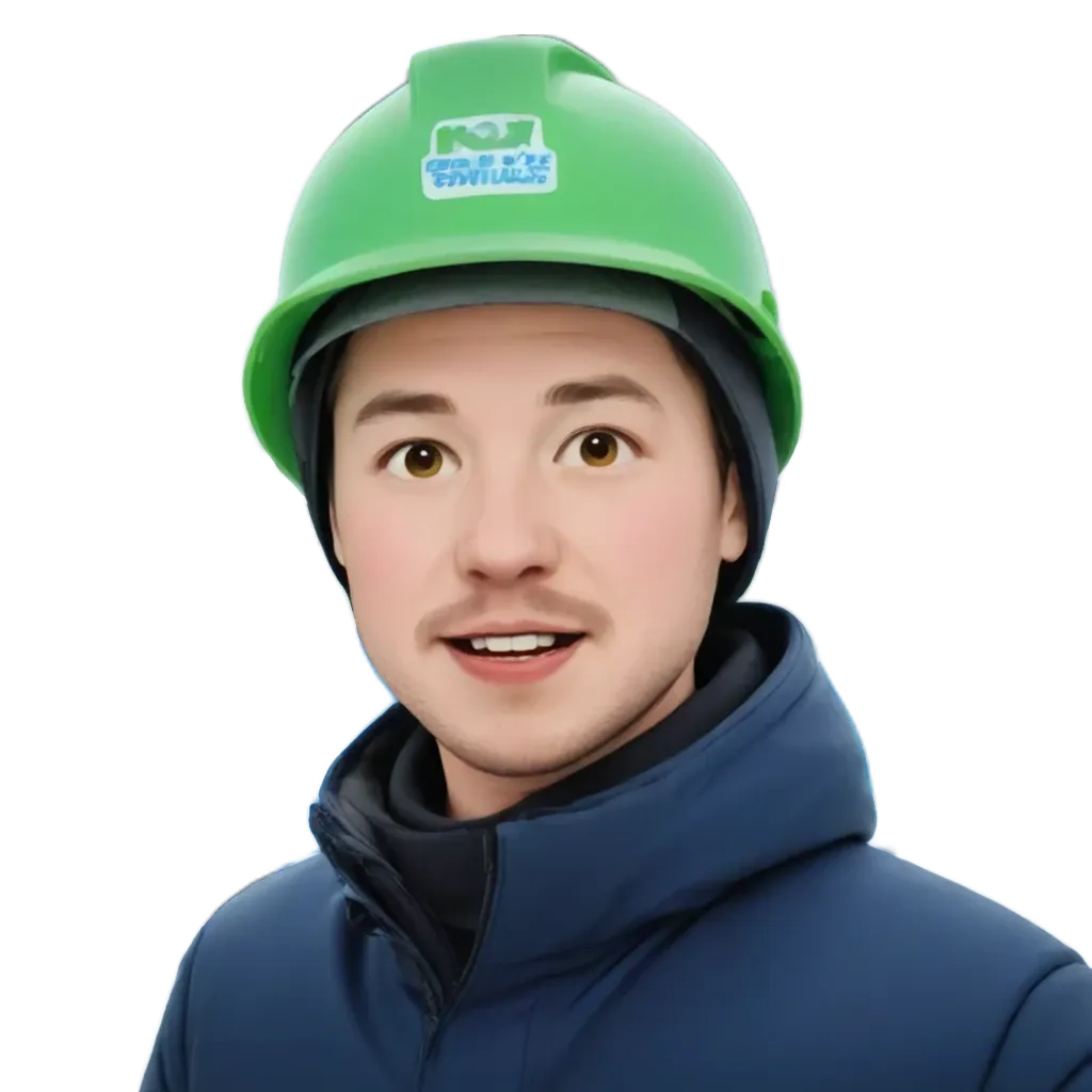 A young man wearing a green hard hat poses for the camera.