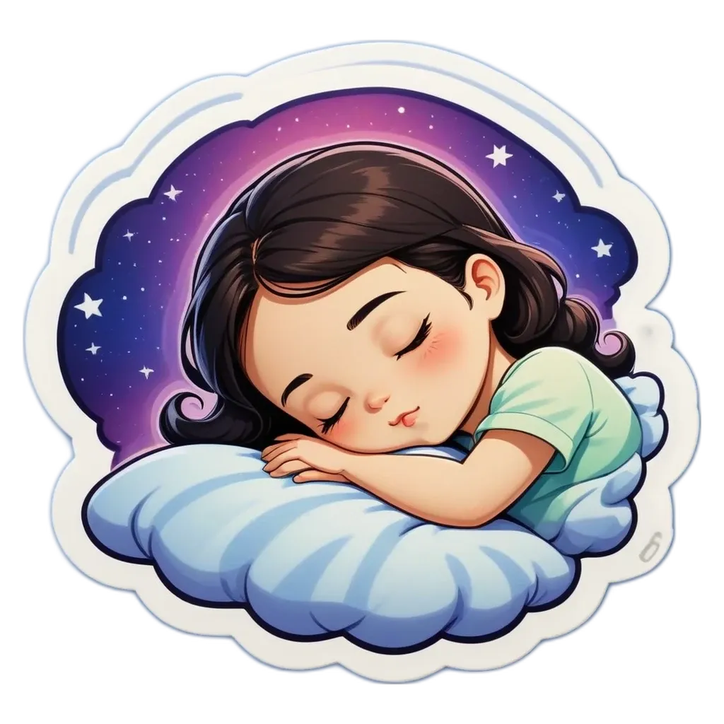 A child sleeping on a cloud shaped pillow with a stars and moon in the background.
