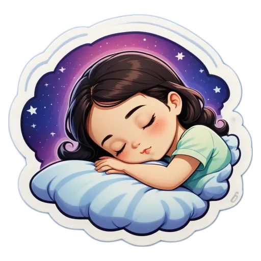A child sleeping on a cloud shaped pillow with a stars and moon in the background.