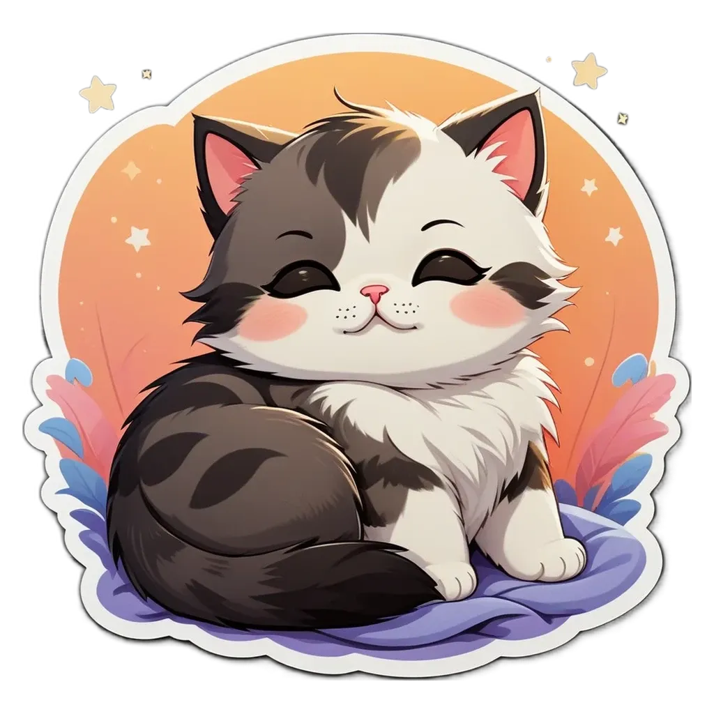 A cartoon cat with a smiley face sticker.