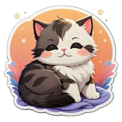 A cartoon cat with a smiley face sticker.
