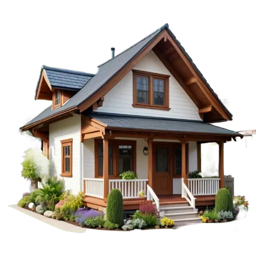 A small house with a wood roof and white trim.