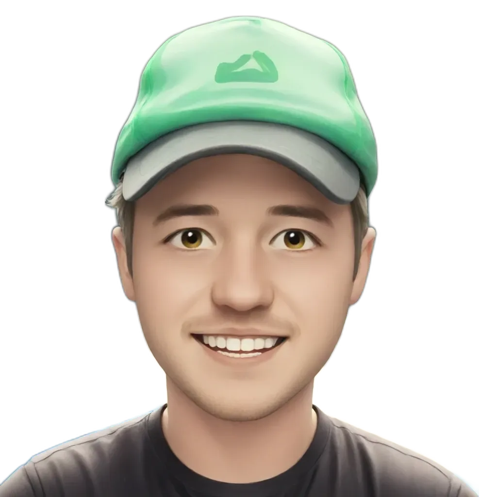 A cartoonish photo of a man wearing a green hat.