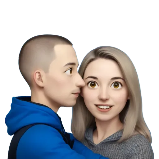 A couple is hugging in a picture that is generated that they are a man and a woman.